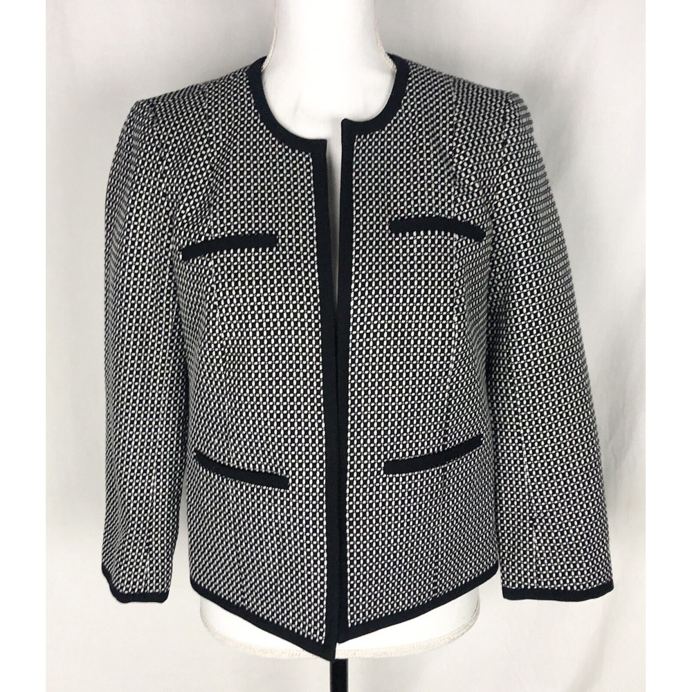 Talbots Women's Size 2 Houndstooth Open Front Jacket Cotton Black White